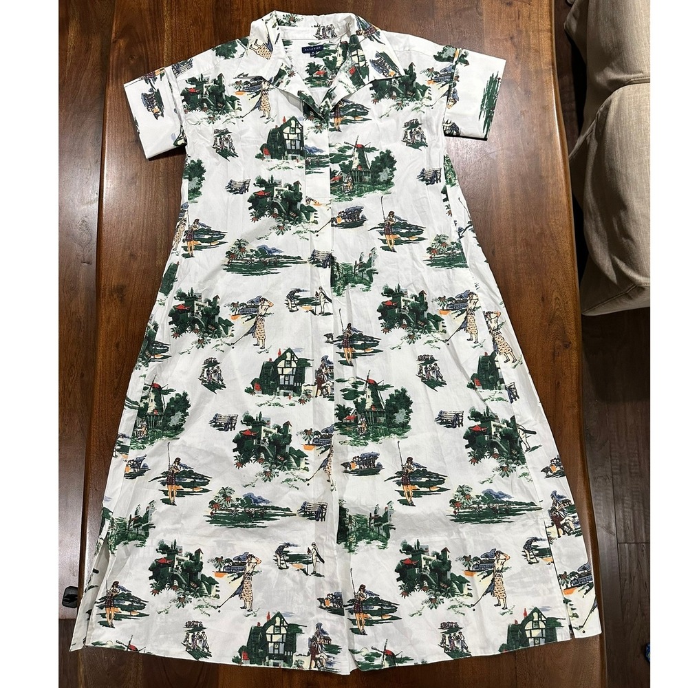 Katie Kime Golf Toile Taza Maxi Dress White Green Cotton Shirt Dress Medium